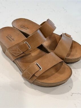Clarks Women's Brown Double-Strap Slide Sandals with Buckles